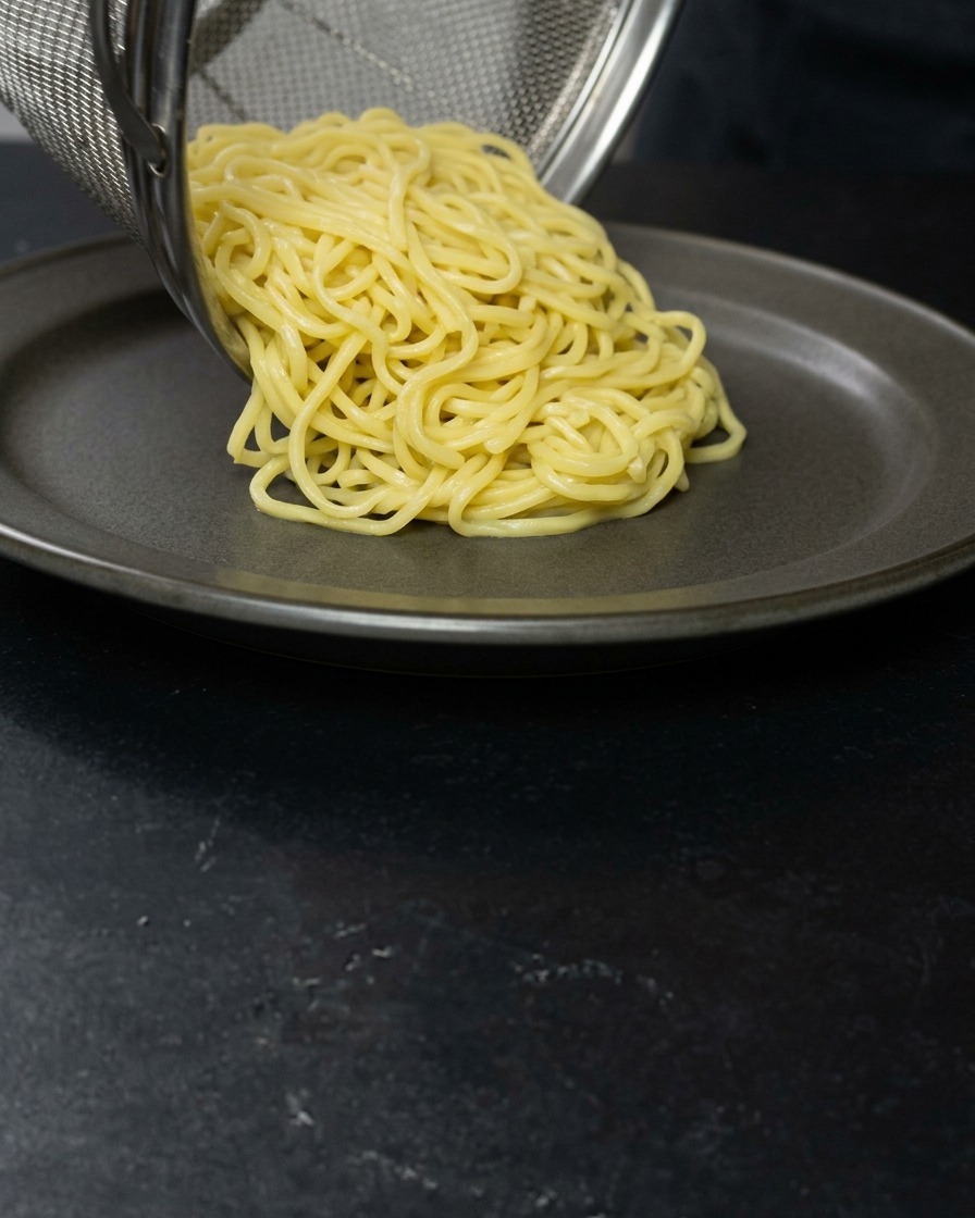 Nouilles ramen cuites versées dune passoire sur une assiette de service gris foncé.