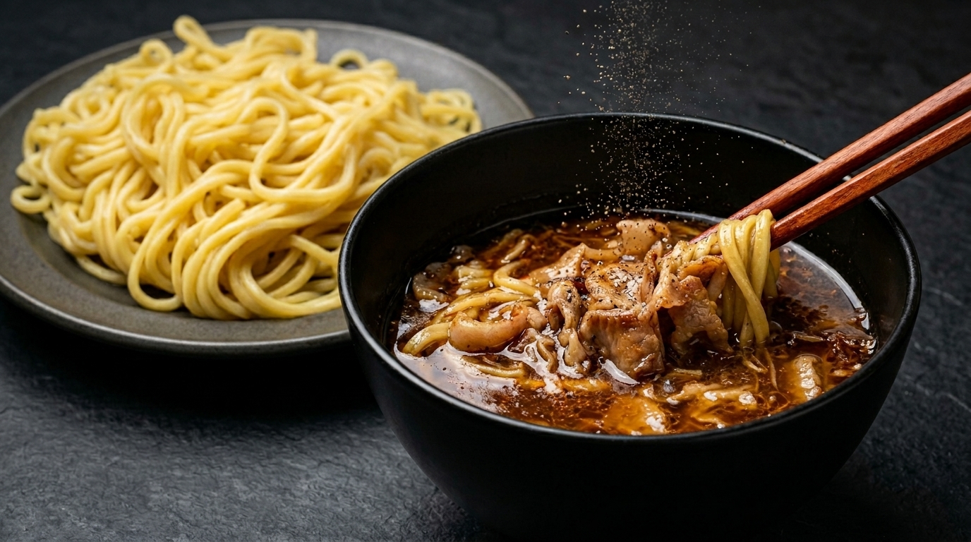 Un bol de bouillon Tsukemen riche avec de la poitrine de porc, servi avec des nouilles ramen épaisses.