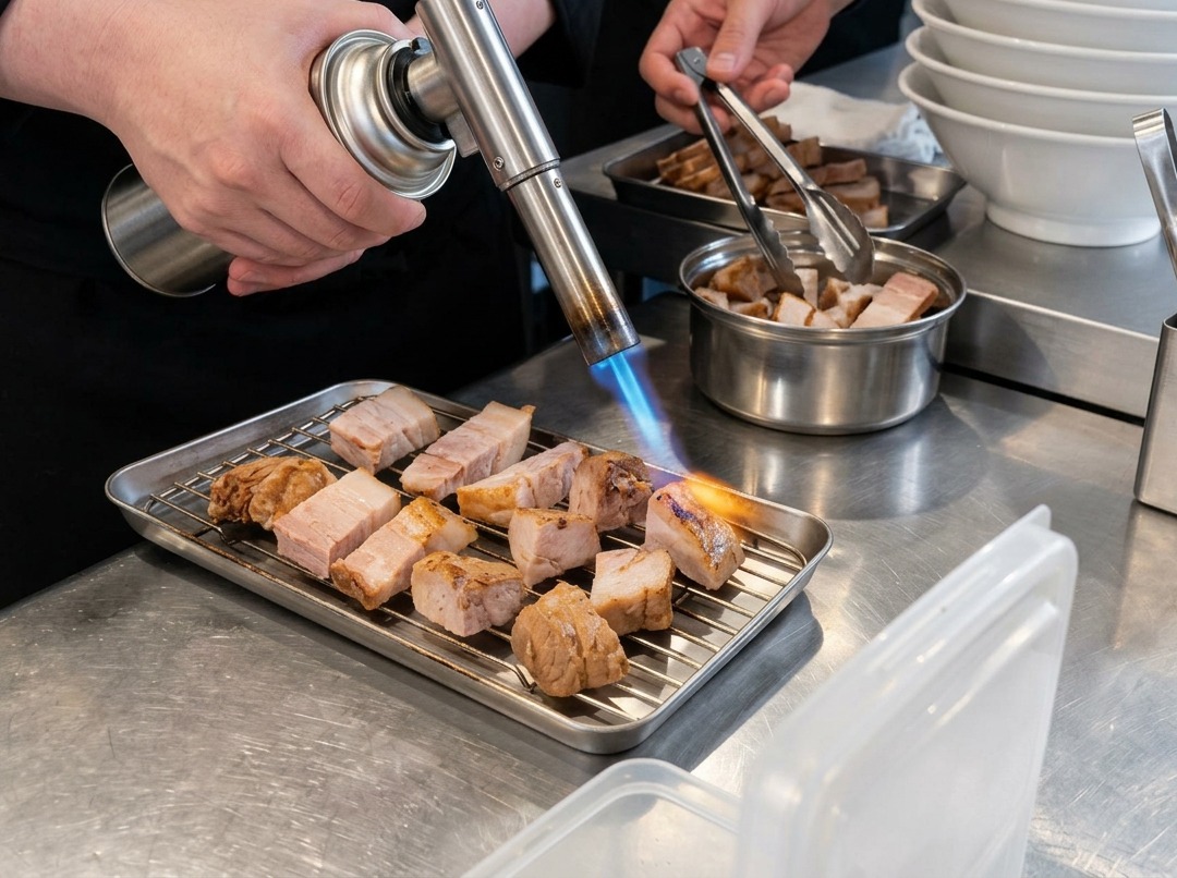 Un chalumeau appliquant une flamme bleue sur plusieurs tranches épaisses de porc disposées sur une grille.