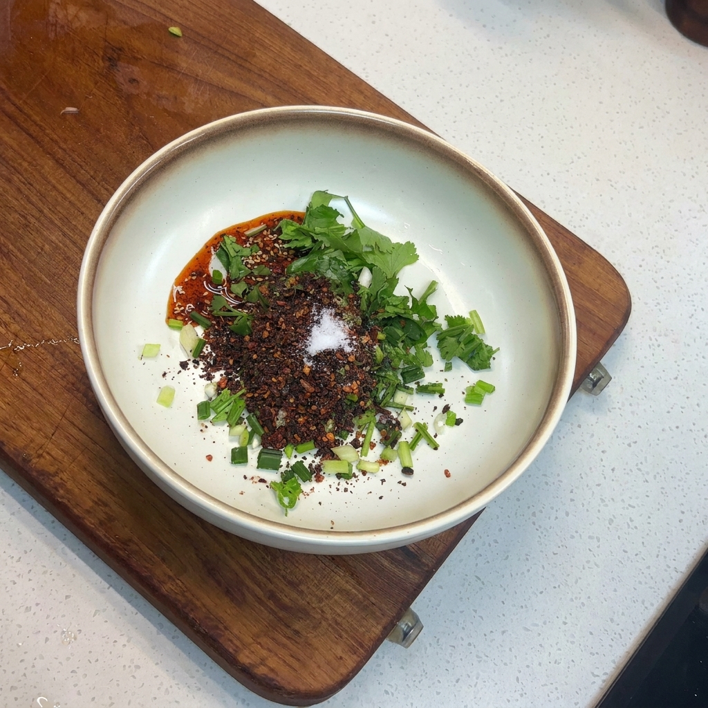 Une petite pincée de sel blanc sur des flocons de piment et des herbes dans un bol.