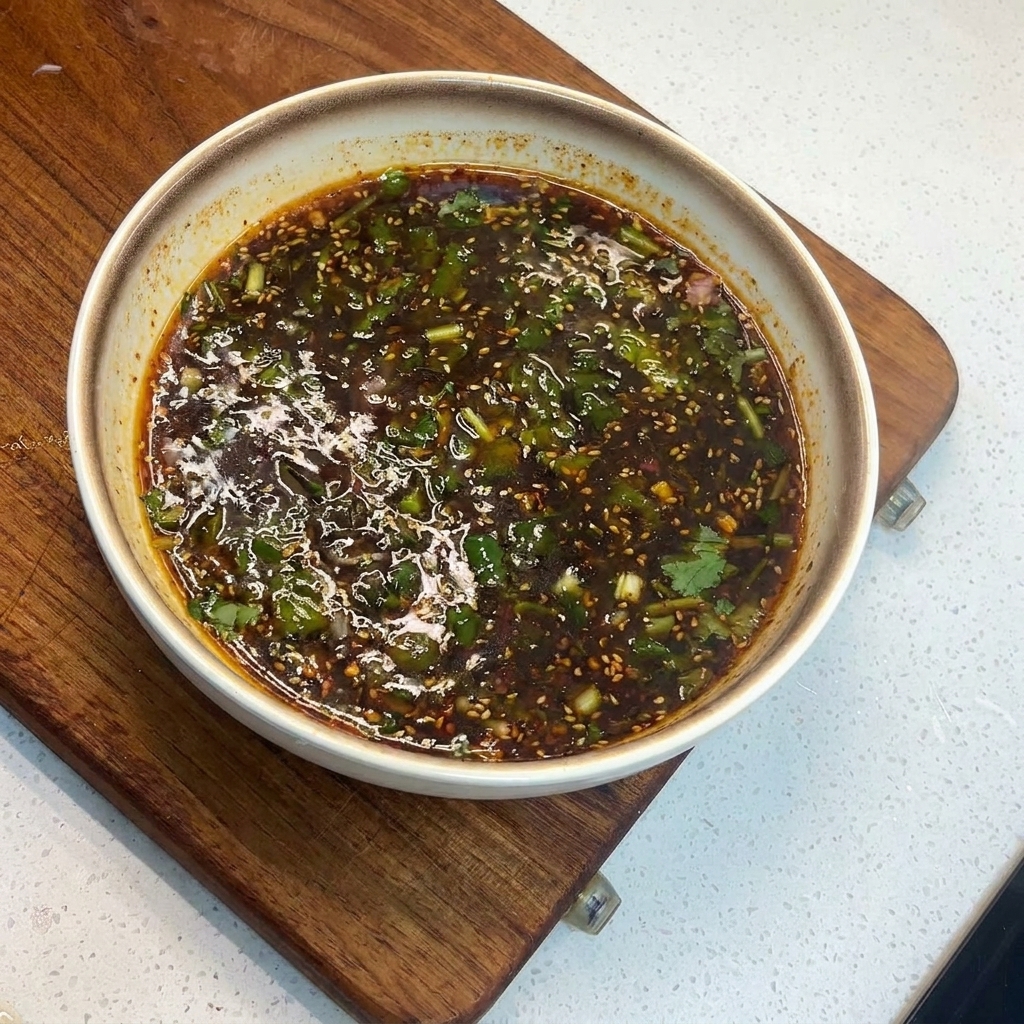 Une cuillère mélangeant un bouillon rouge huileux parsemé de coriandre et doignons verts.