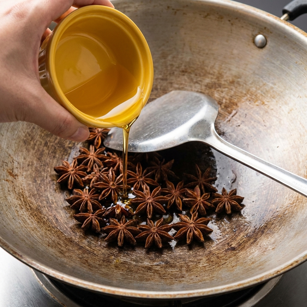 Anis étoilé entier dans un wok avec un filet dhuile versé dun récipient jaune.