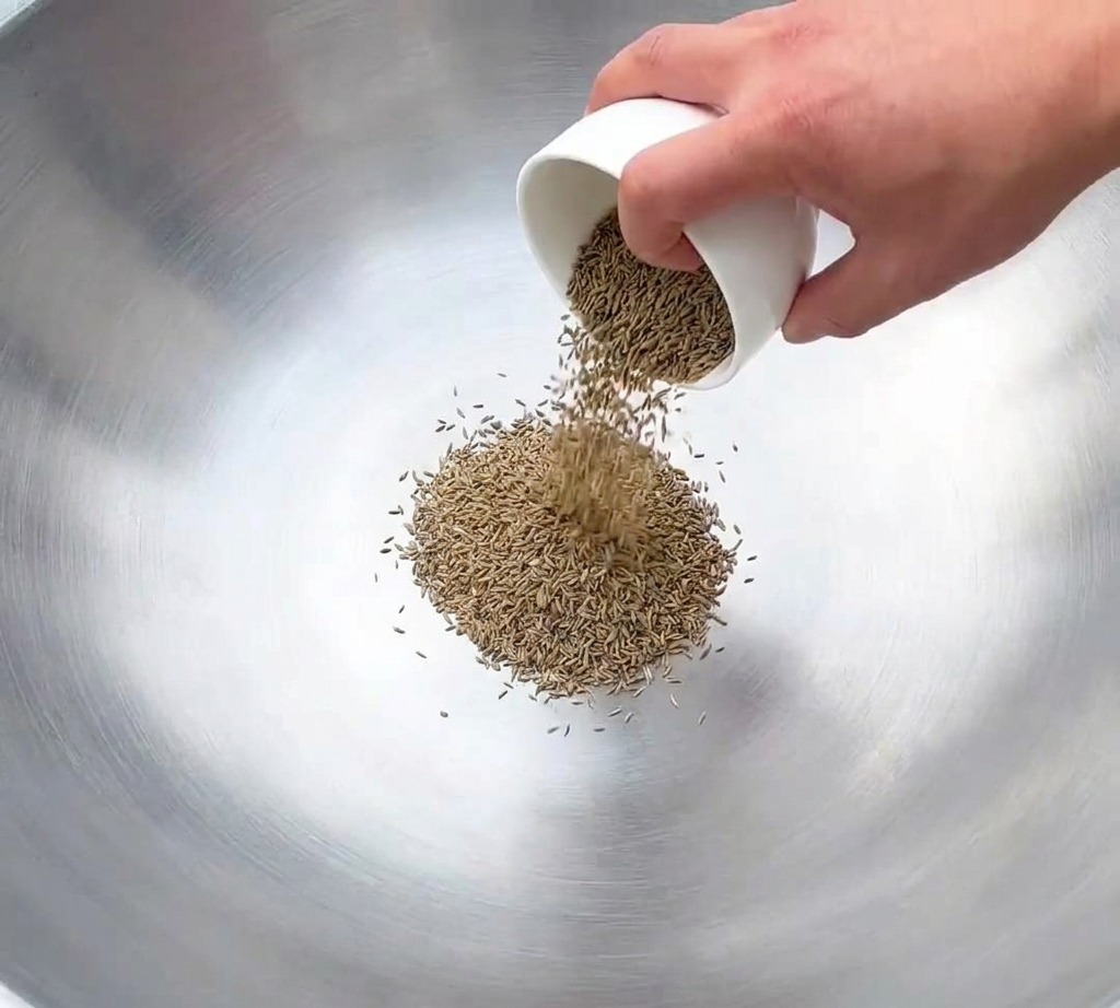 Spatule en métal remuant des graines de cumin et de fenouil au centre dun wok sombre.