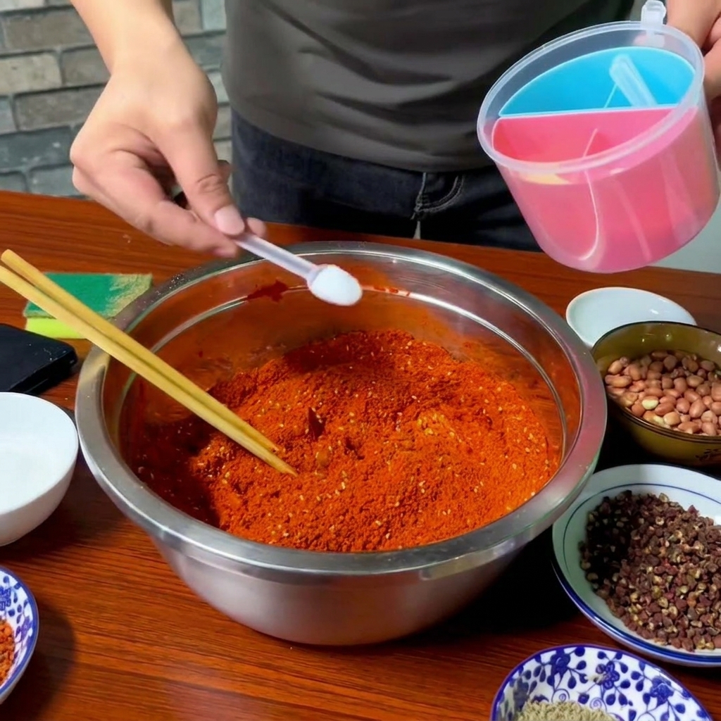 Petite cuillère blanche ajoutant du sel dans le bol de poudre de piment rouge.