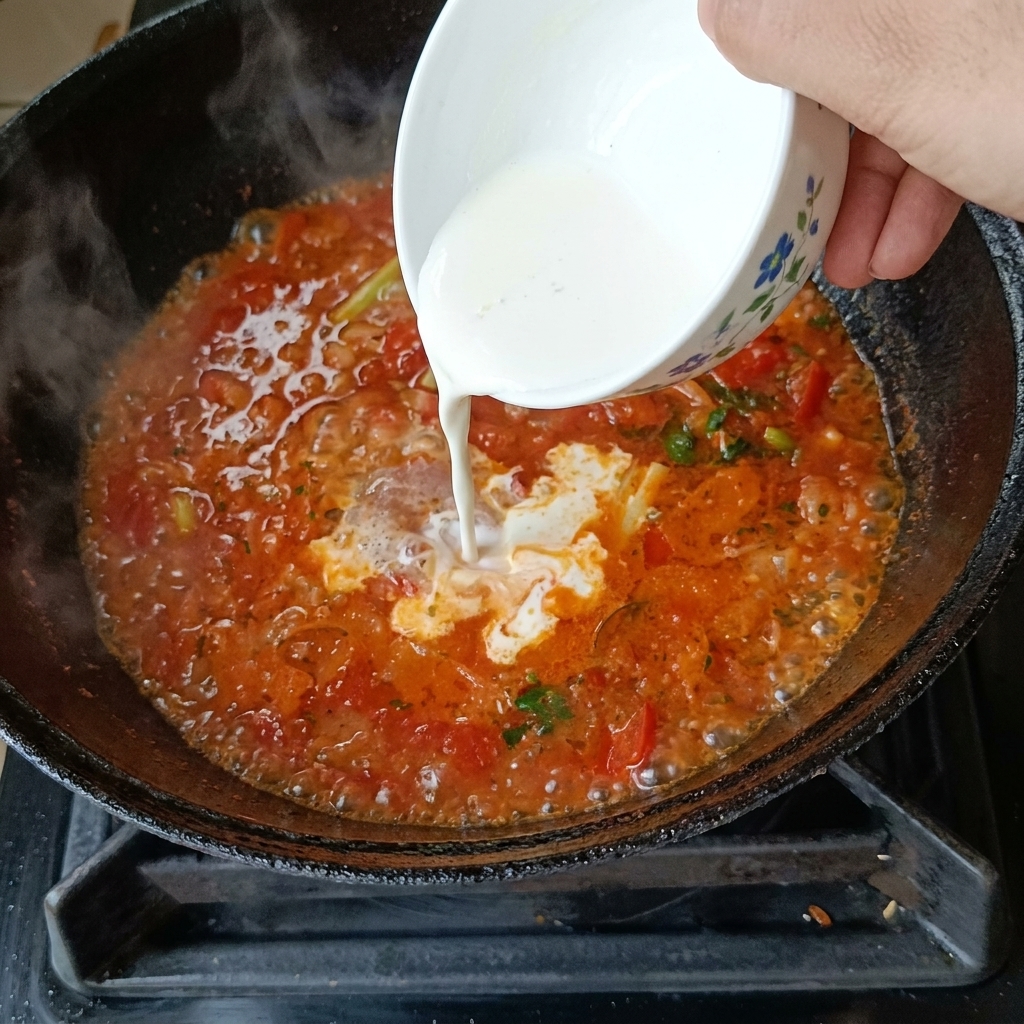 Une main versant de lœuf battu dun petit bol à motifs floraux dans un wok de soupe à la tomate bouillonnante, lœuf formant des rubans brillants à la surface.