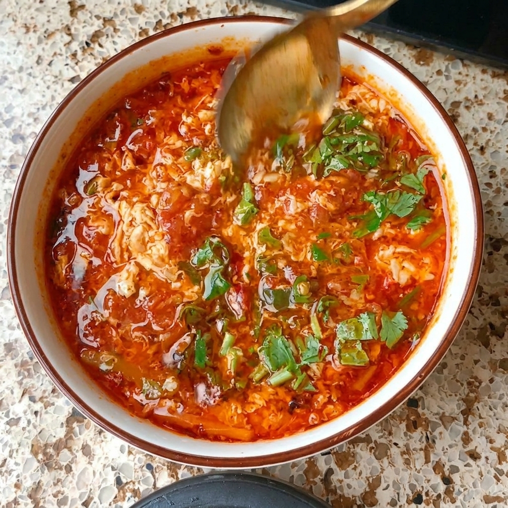 Une cuillère dorée mélangeant de la coriandre fraîche dans un bol vibrant de soupe rouge à la tomate et à lœuf.