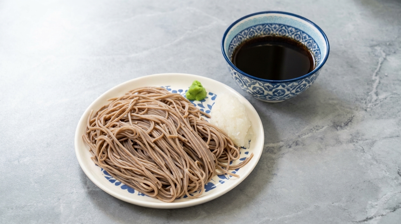 Nouilles de sarrasin froides présentées sur un plateau traditionnel avec sauce dashi, daikon râpé et wasabi.
