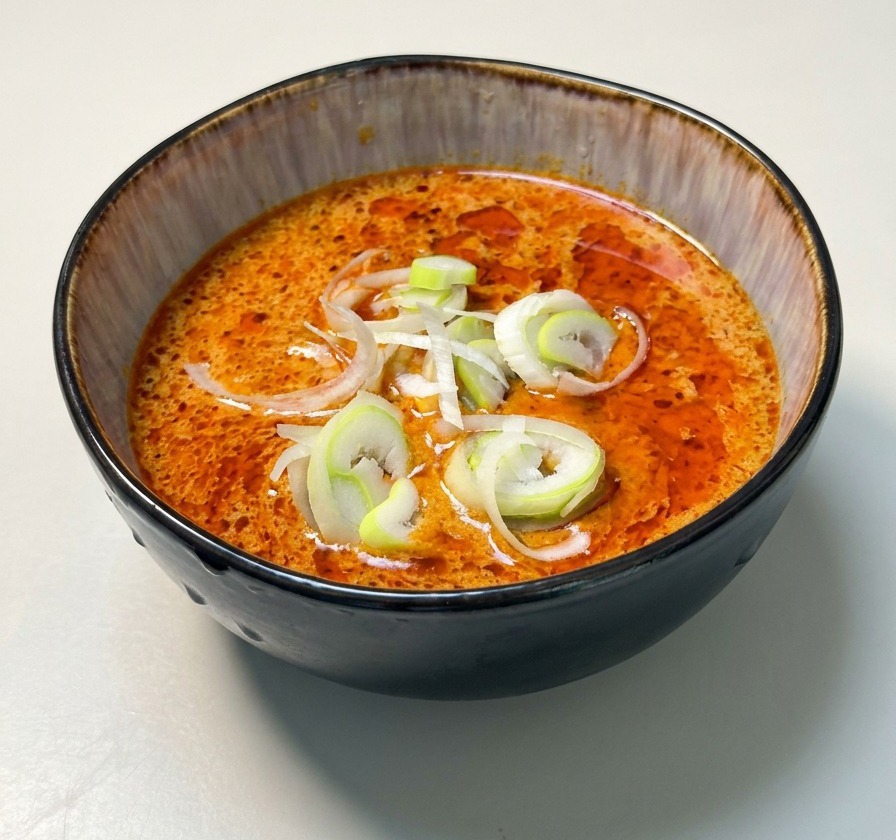 Un bol noir rempli dune sauce curry épaisse et orange, garni doignons verts émincés.