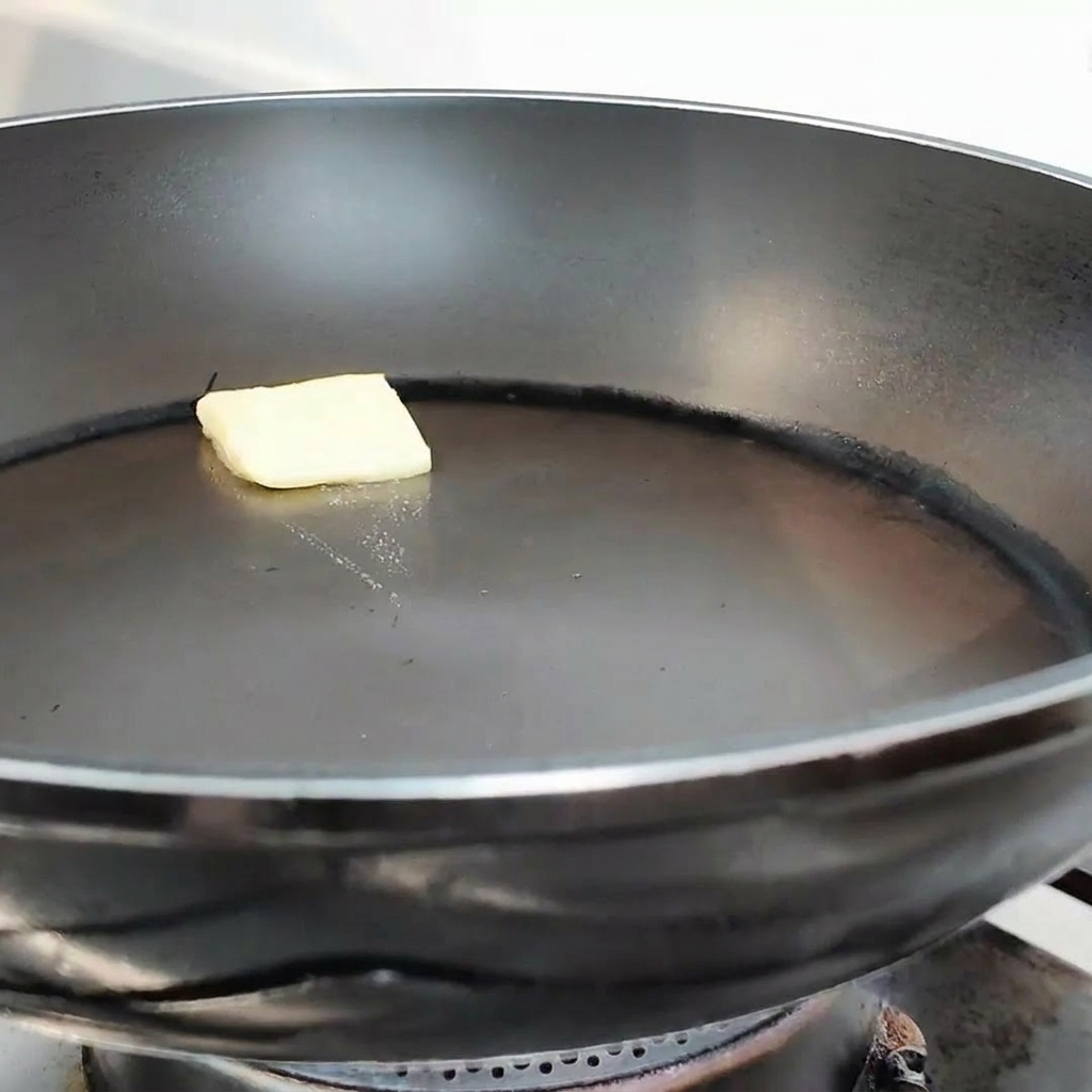 Une noisette de beurre jaune fondant au centre dune poêle noire propre.