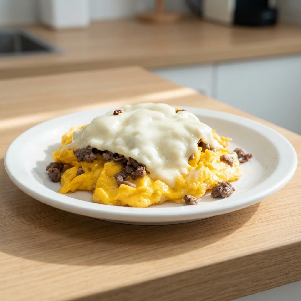 Palet dœuf et bœuf cuit sur une assiette, recouvert dune couche onctueuse de fromage fondu.