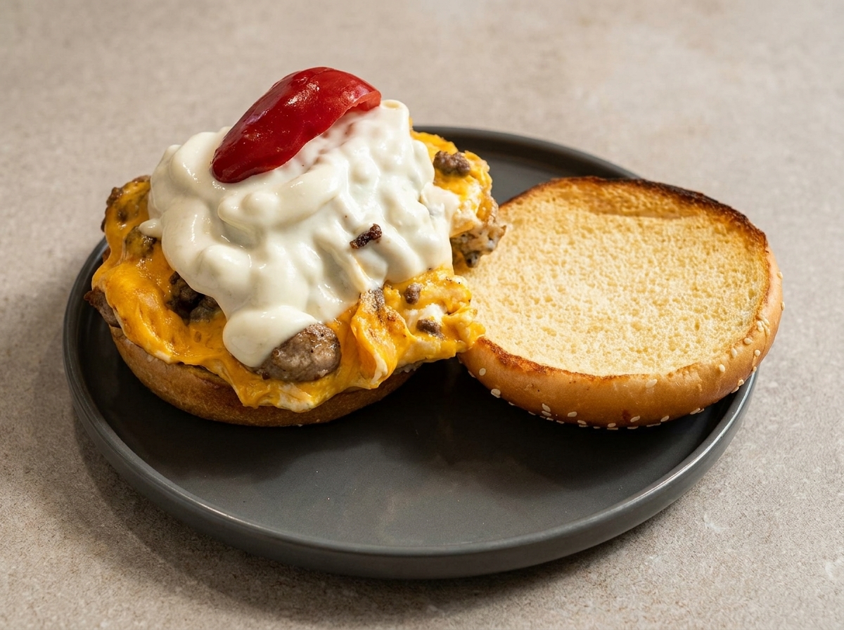 Pain à burger grillé sur une assiette avec le palet bœuf-œuf au fromage et un peu de ketchup.