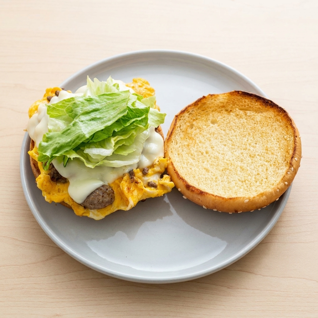 Feuilles de laitue verte fraîche posées sur le burger bœuf et fromage fondu.