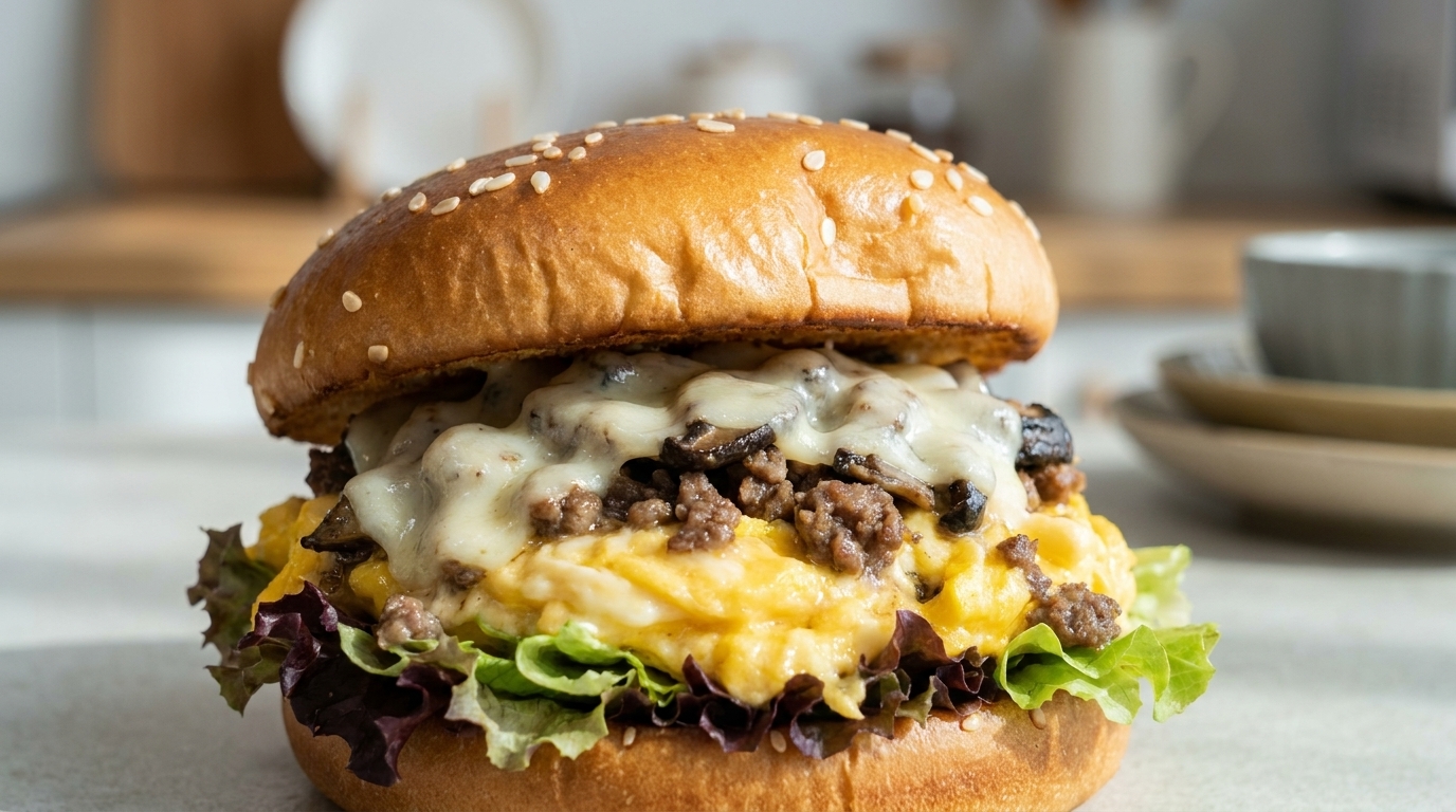 Un burger gourmand au bœuf et champignons avec fromage fondu, œufs brouillés fondants et salade fraîche sur un pain toasté.