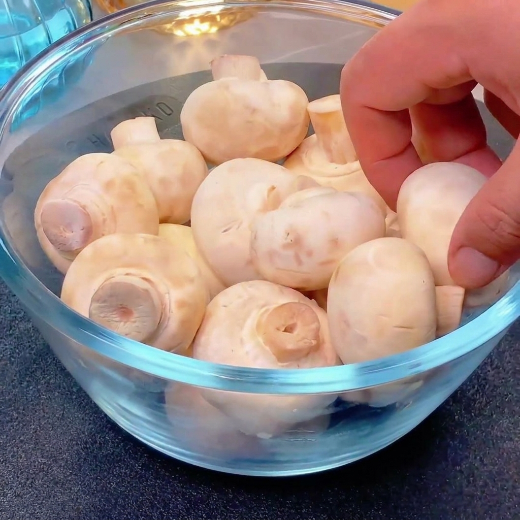 Une main tenant un champignon de Paris au-dessus dun bol en verre, montrant comment retirer le pied du chapeau.