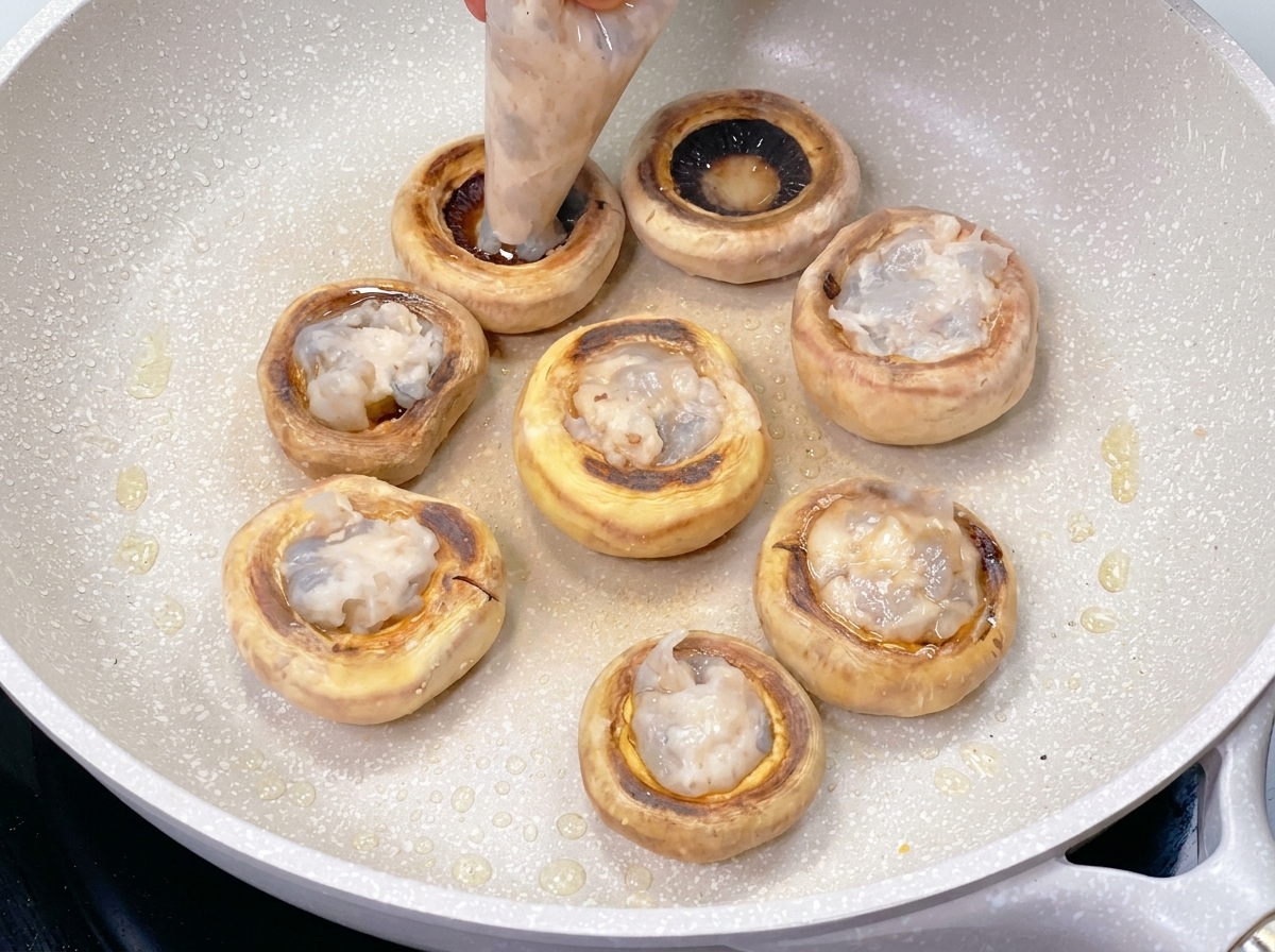 Une poche à douille garnissant le centre creux dun champignon saisi avec une pâte de crevettes lisse et translucide.