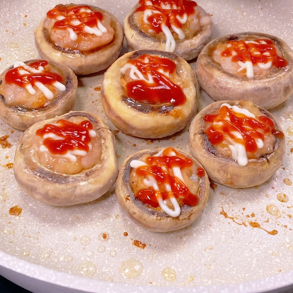 Huit chapeaux de champignons cuits surmontés de galettes de crevettes dorées, décorés de traits de mayonnaise et de ketchup.