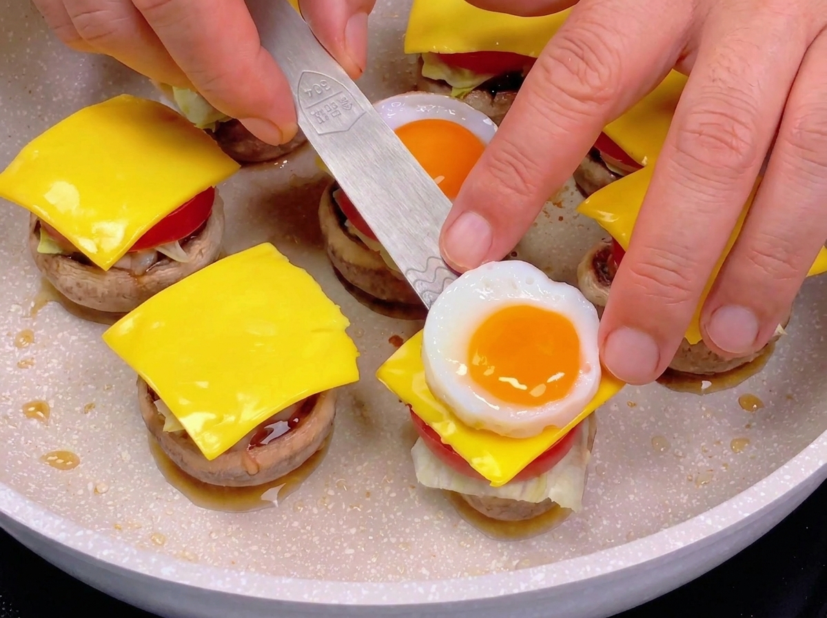 Une spatule déposant un œuf de caille frit au plat sur une tranche de fromage sur la base dun burger de champignon.