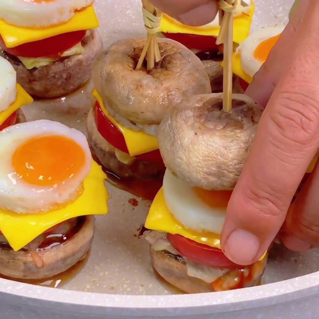 Des mains plaçant un chapeau de champignon supérieur sur un mini-burger et le fixant avec un pique en bambou noué.