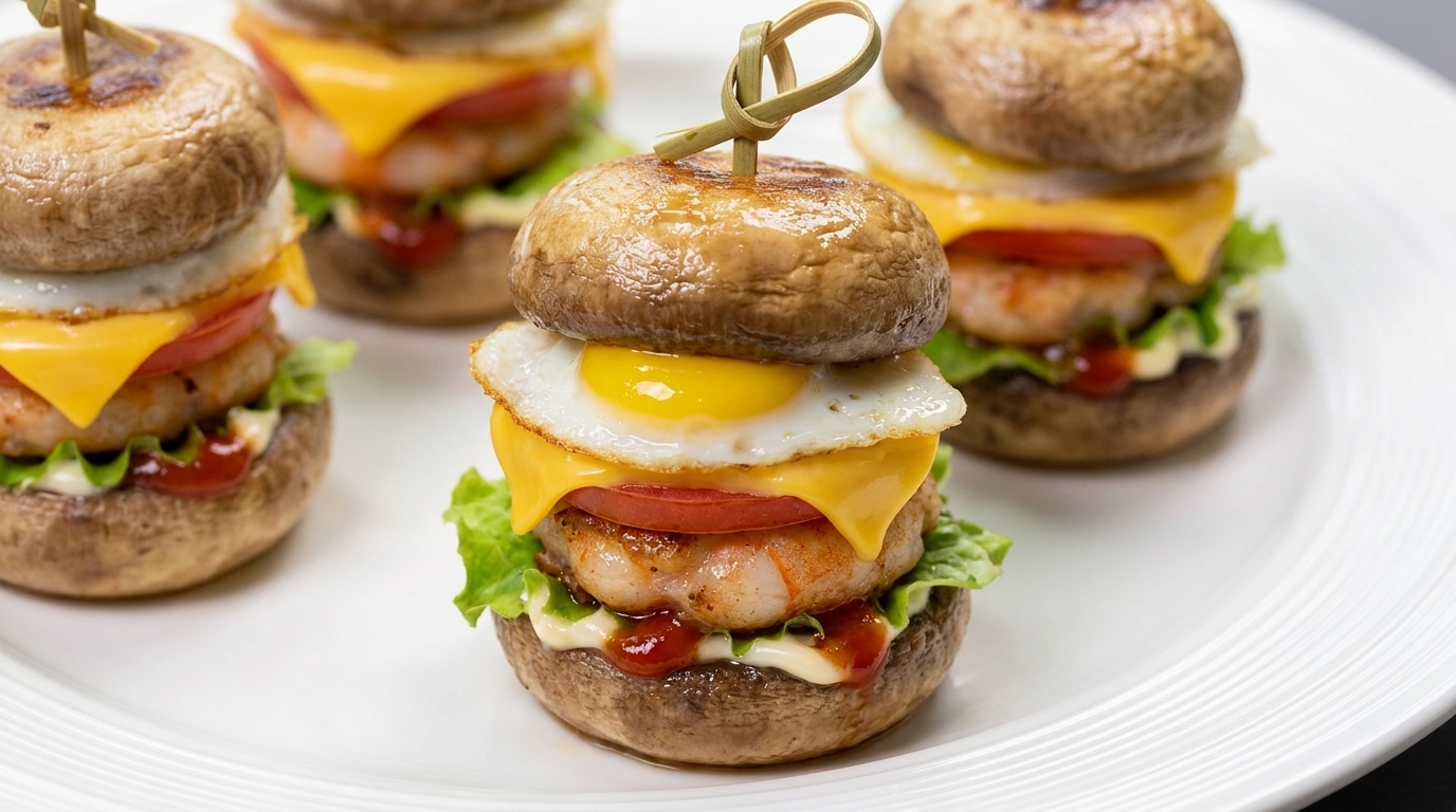 Mini Burgers de Champignons aux Crevettes et Œufs de Caille