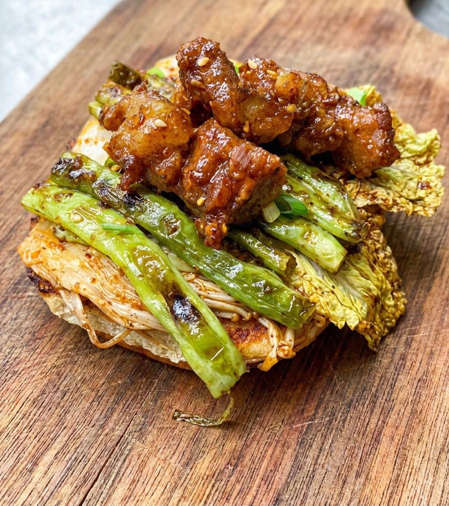 La base dun pain à burger toasté sur une planche en bois, garnie de chou grillé, de haricots verts et de brochettes de bœuf nappées de sauce.