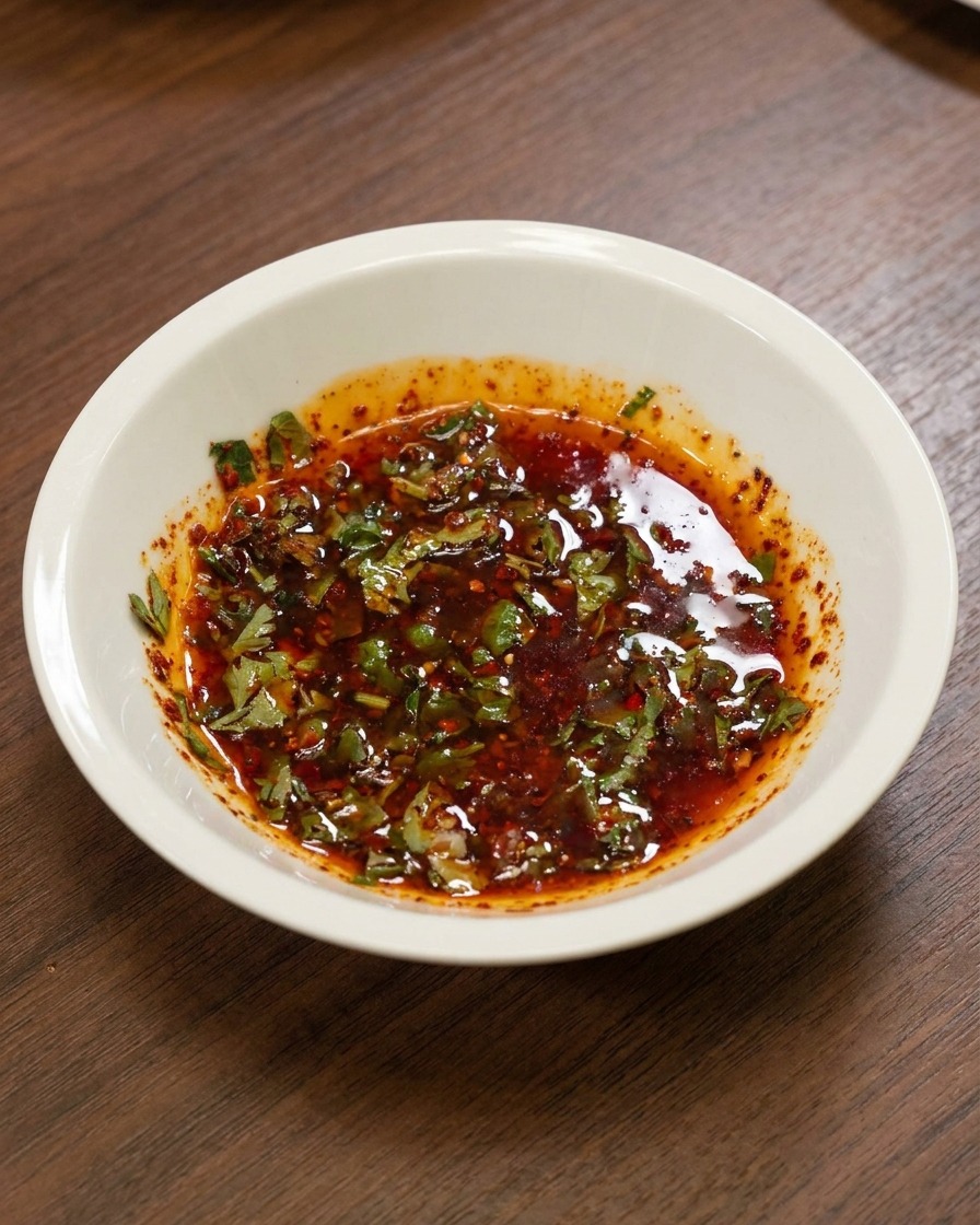 Un bol blanc contenant une marinade rouge au chili et à lhuile, avec des éclats de coriandre verte.