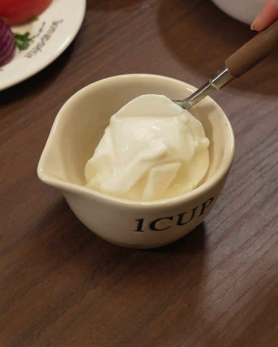 Une cuillère métallique déposant une dose de yaourt blanc onctueux dans une petite tasse blanche.