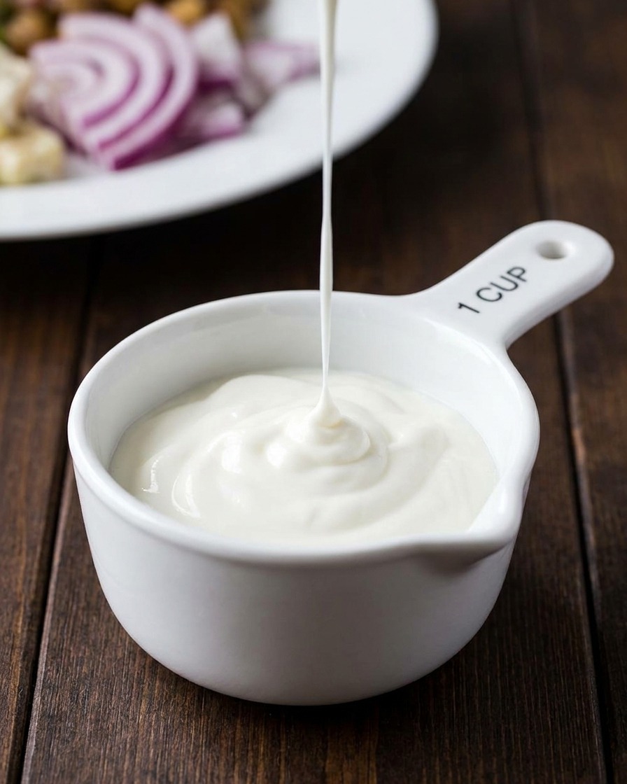 Un filet de mayonnaise crémeuse versé dans une tasse en céramique contenant déjà du yaourt.