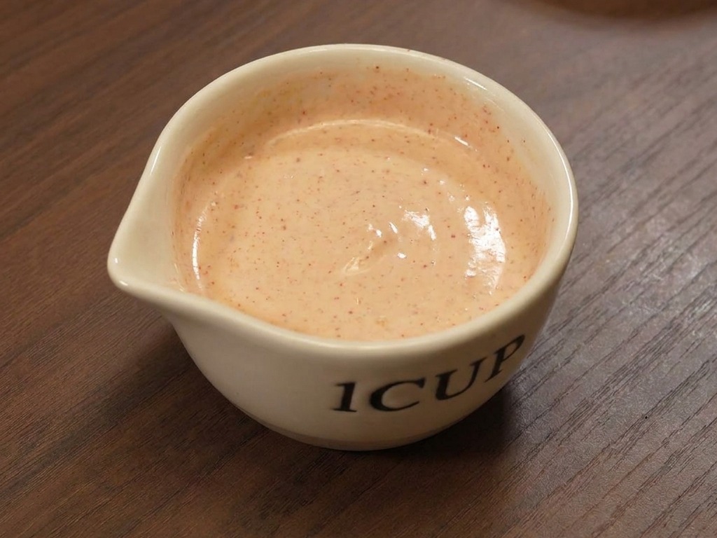 Une petite tasse en céramique remplie dune sauce burger orange-rosé bien lisse sur une table en bois.