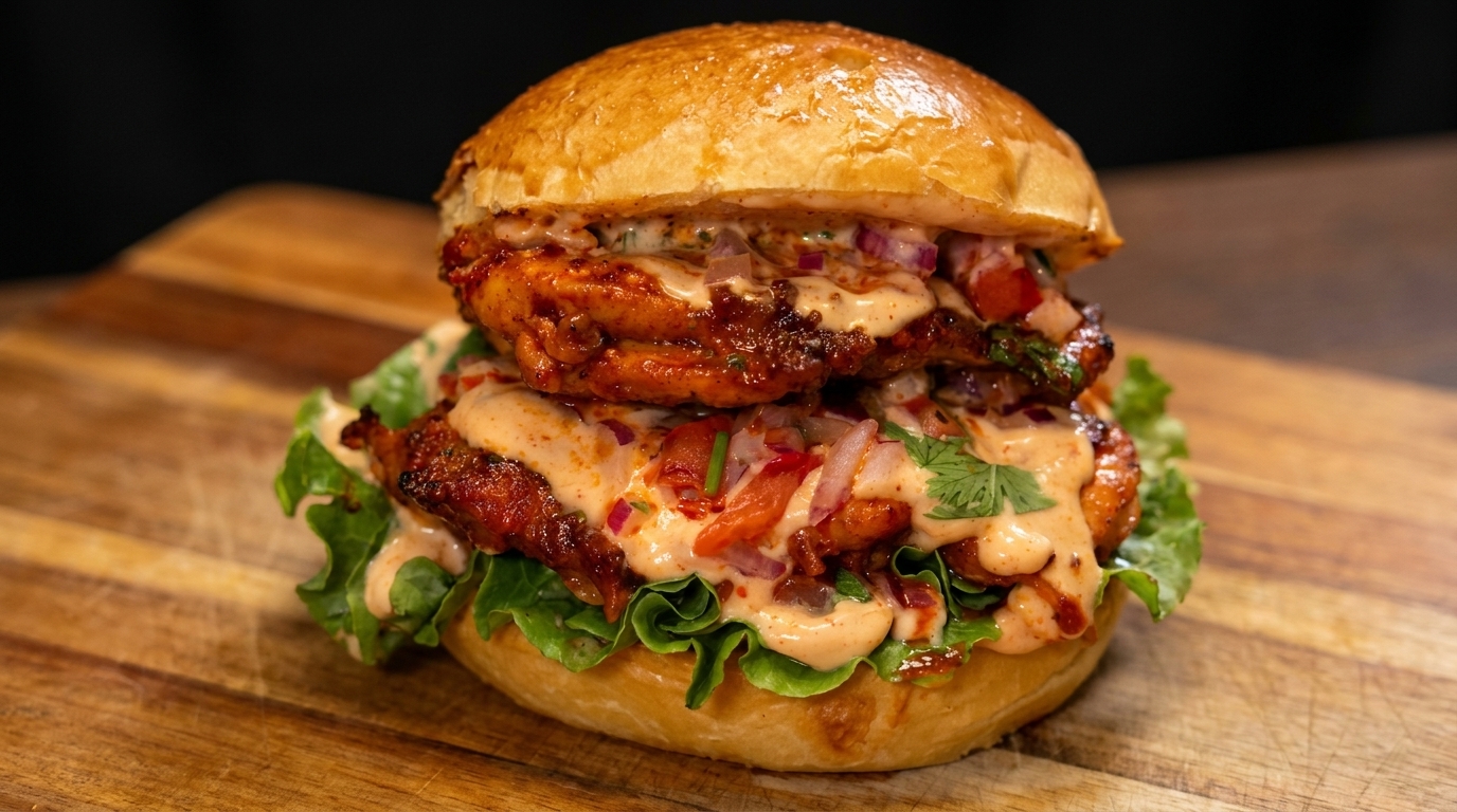 Burger Mexicain au Poulet Grillé Épicé et Salsa Fraîche