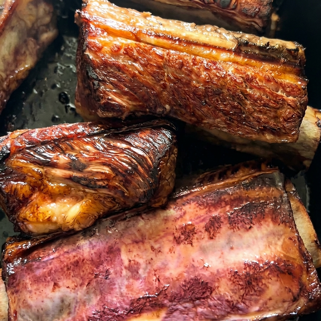Gros plan sur des côtes de bœuf épaisses avec une croûte profondément caramélisée et grillée.