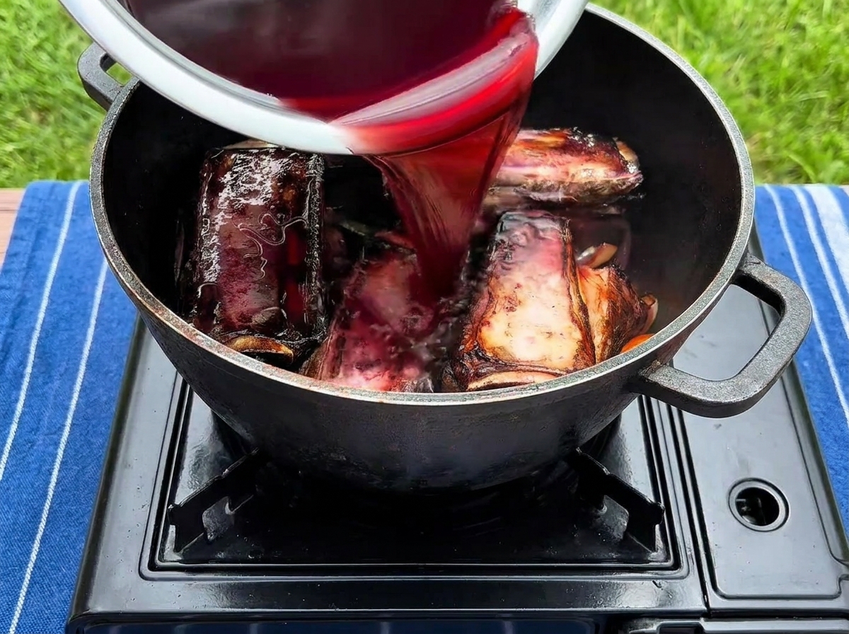 La marinade au vin rouge foncée versée sur les côtes de bœuf et les légumes dans une cocotte en fonte.