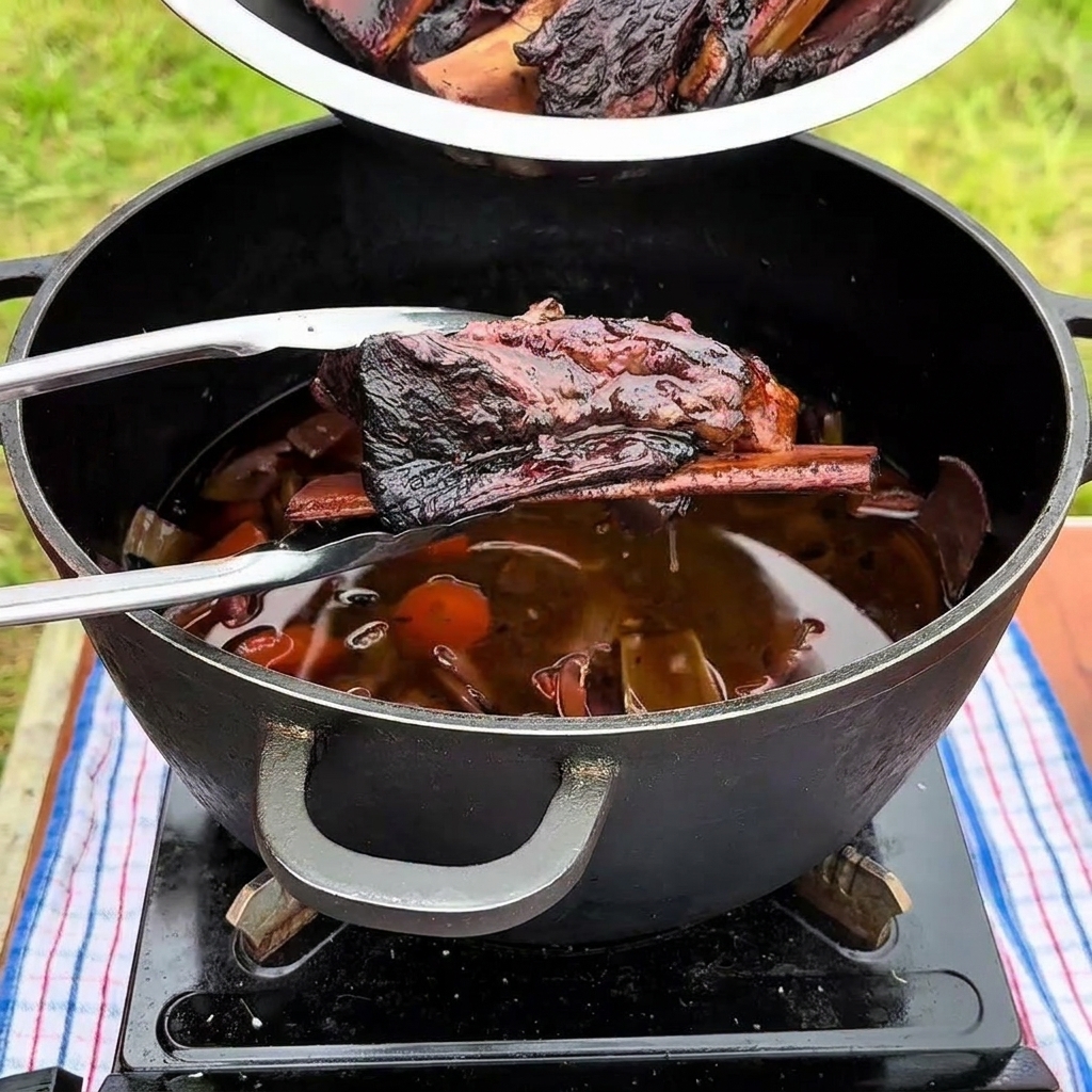 Des pinces soulevant une grande côte de bœuf braisée dune cocotte remplie de liquide sombre et de carottes fondantes.