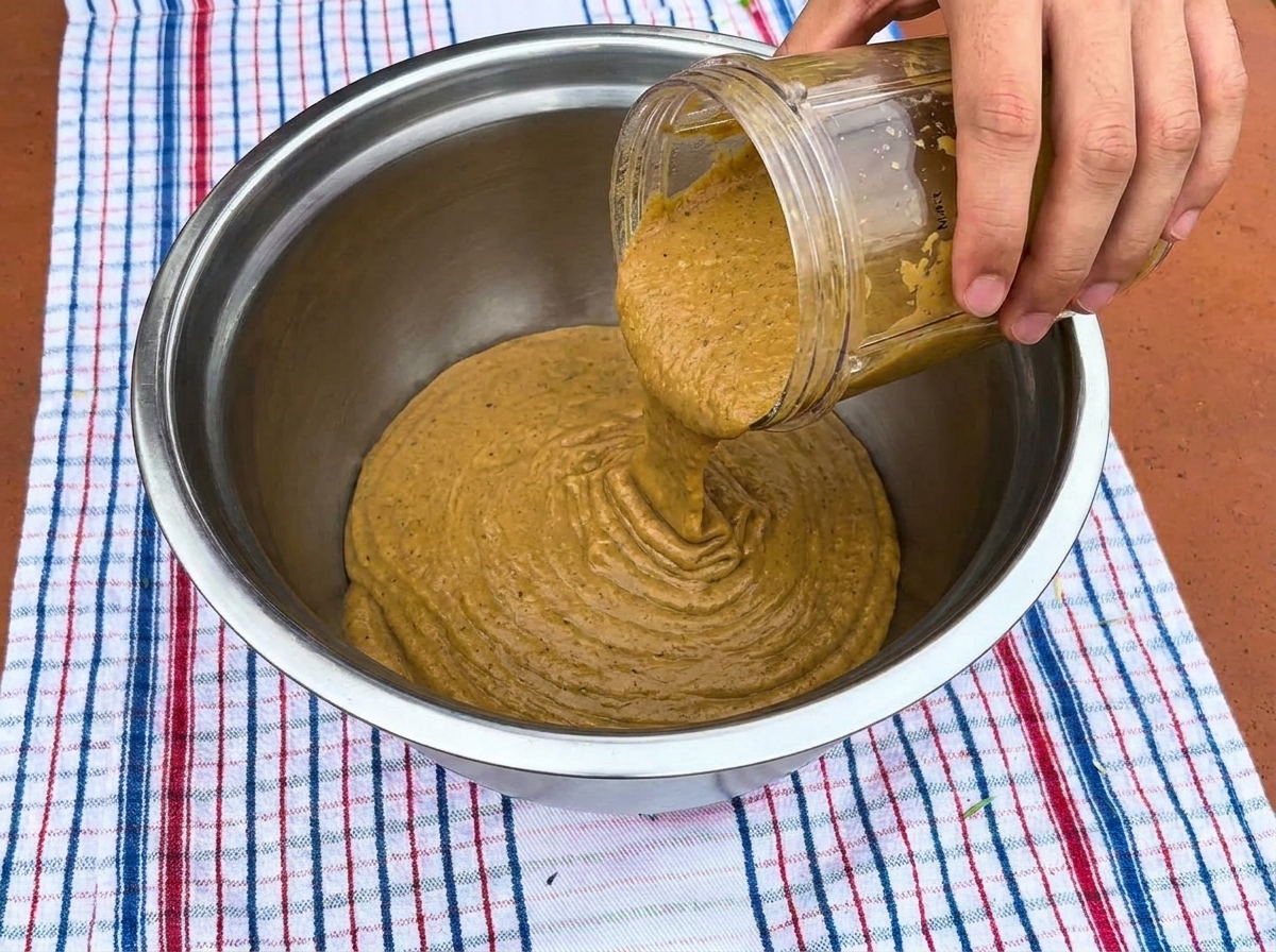 Versement dune purée de légumes épaisse depuis un bol de mixeur vers un cul-de-poule en inox.
