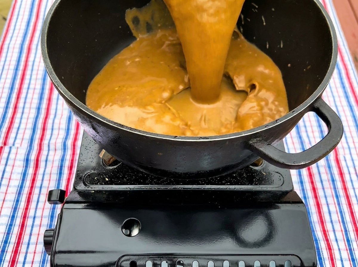 Une sauce brune épaisse versée dans une petite casserole sur un réchaud.