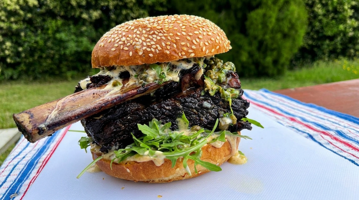 Un impressionnant burger de bœuf braisé avec de la roquette, une sauce onctueuse au vin rouge et une relish aux câpres éclatante, servi dans un pain au sésame.