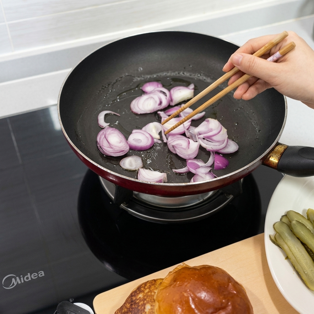 Des lamelles doignon rouge sautées avec des baguettes dans une poêle jusquà ce quelles soient tendres et parfumées.