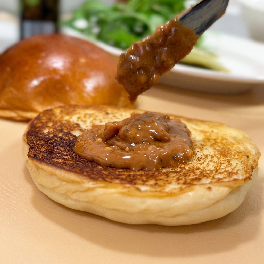 Un couteau étalant une sauce aux cacahuètes épaisse et savoureuse sur la surface dorée dun pain à burger brioché toasté.