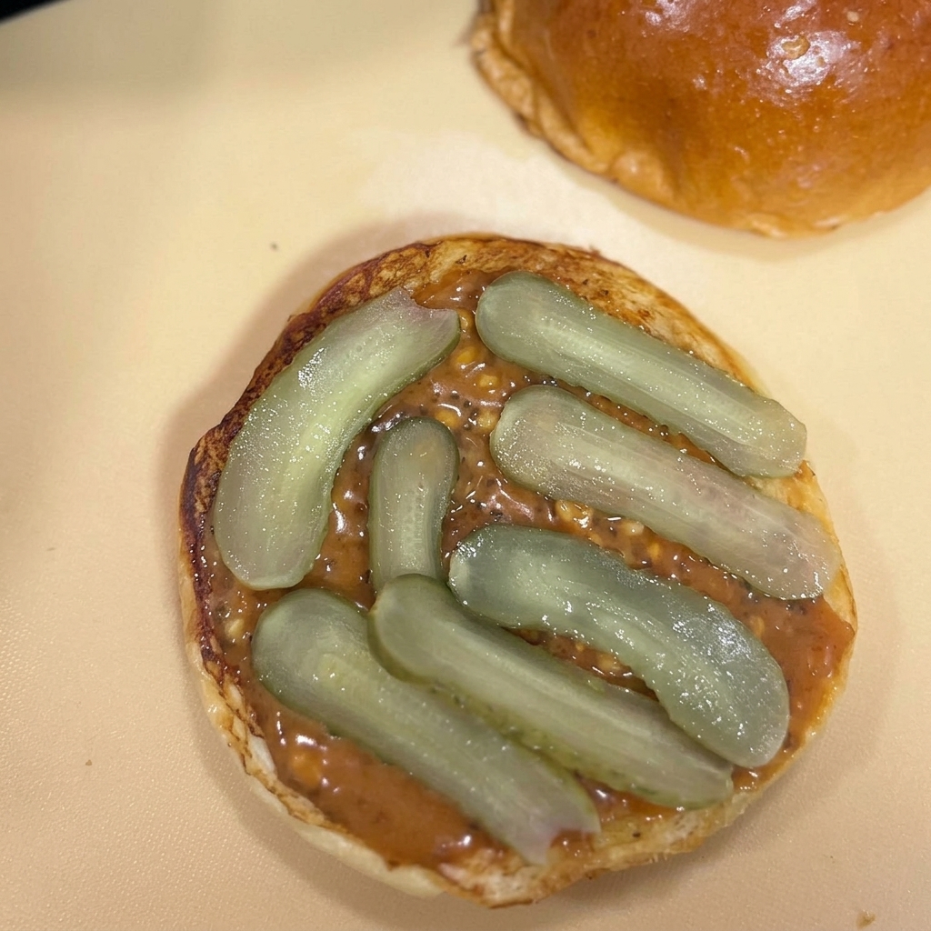 Des rondelles de cornichons verts disposées à plat sur une sauce marron étalée sur un pain à burger brioché grillé.
