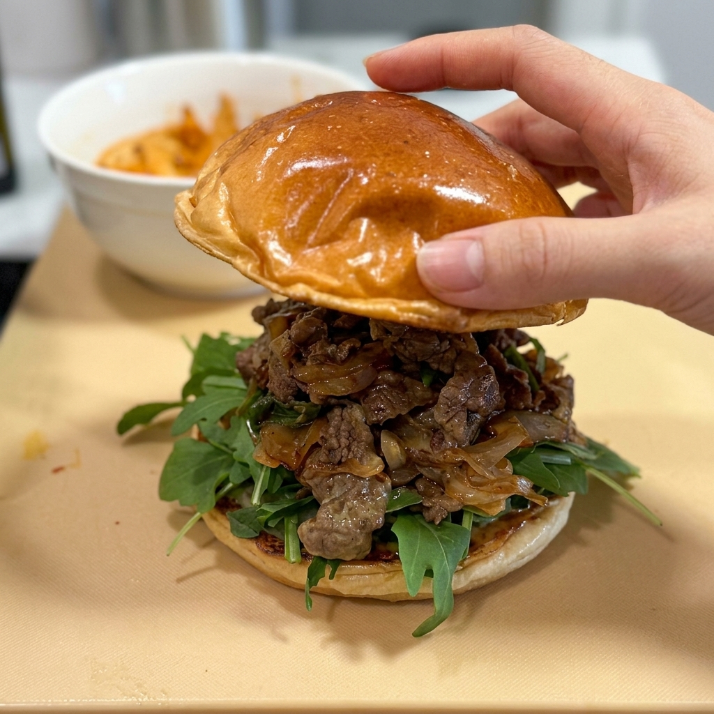 Une main refermant le chapeau doré et brillant dun pain brioché toasté sur un burger généreusement garni de bœuf au fromage et de roquette.