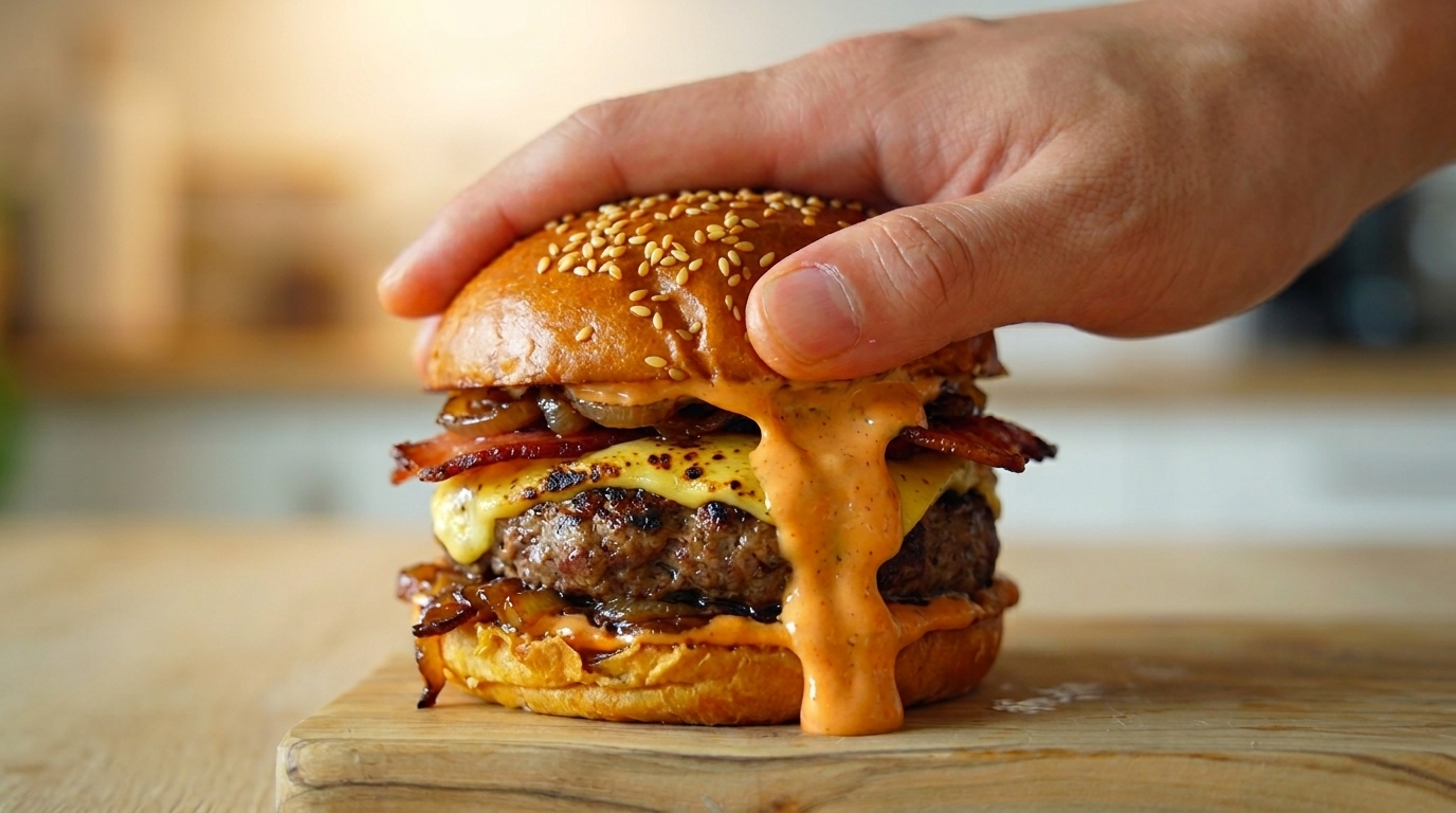 Burger Gourmet au Bœuf, Bacon et Oignons Caramélisés