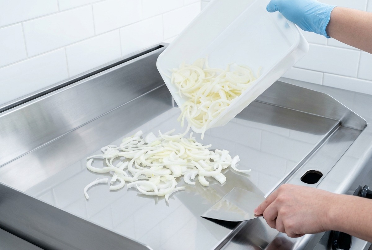 Des lanières doignons crus parsemées sur une grande plaque de cuisson en inox propre par une personne portant des gants bleus.