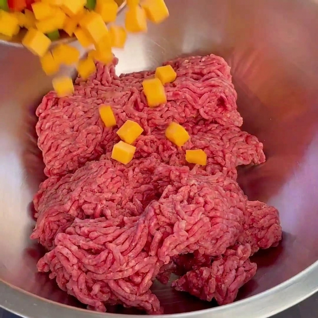 Poivrons verts et dés de cheddar ajoutés au bœuf haché dans un grand bol en inox.