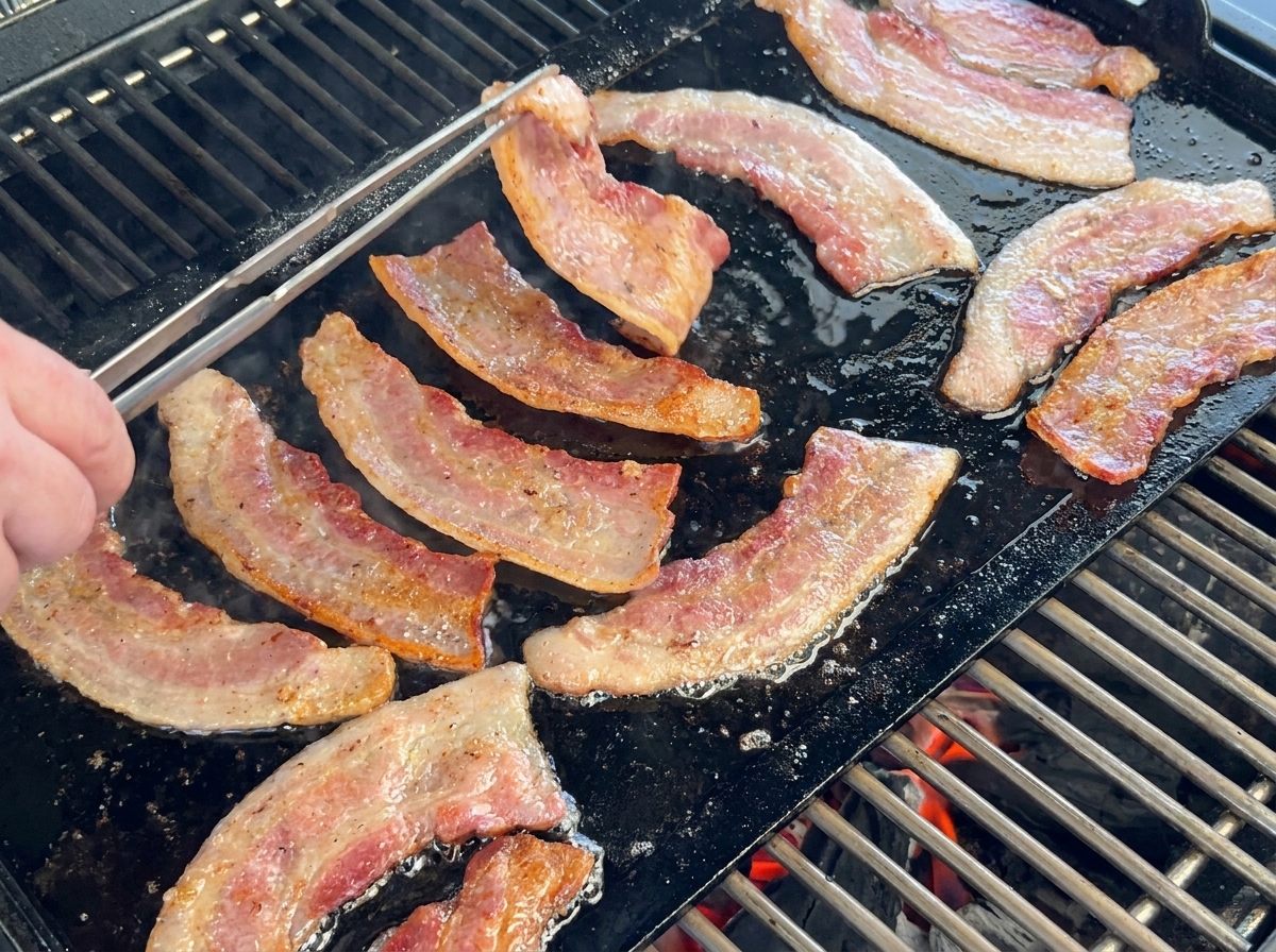 Tranches de bacon épaisses grillant et crépitant sur une plancha chaude au-dessus du feu, saisies avec une pince.