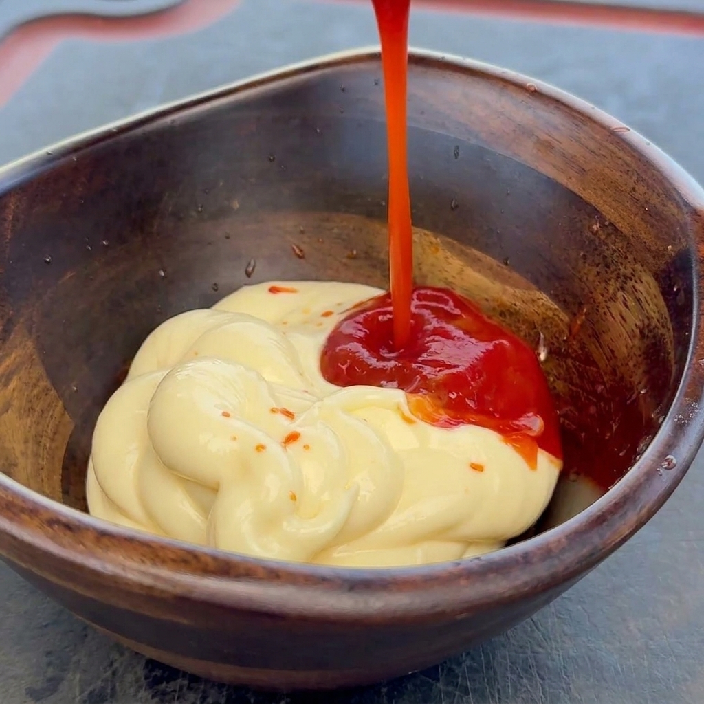 Ketchup rouge versé dans un bol en bois contenant déjà un lit de mayonnaise onctueuse.