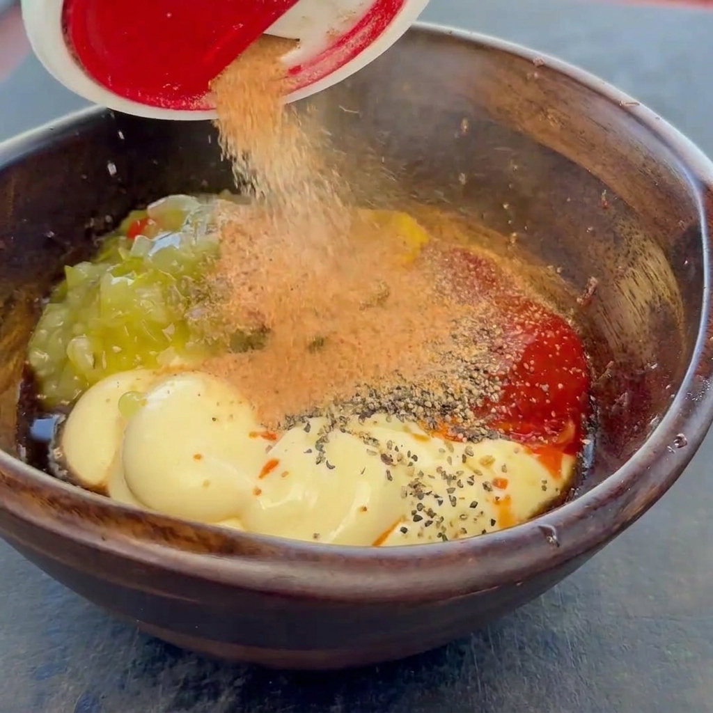 Épices et condiments saupoudrés depuis un flacon dans le bol en bois contenant la mayonnaise, le ketchup et la relish.