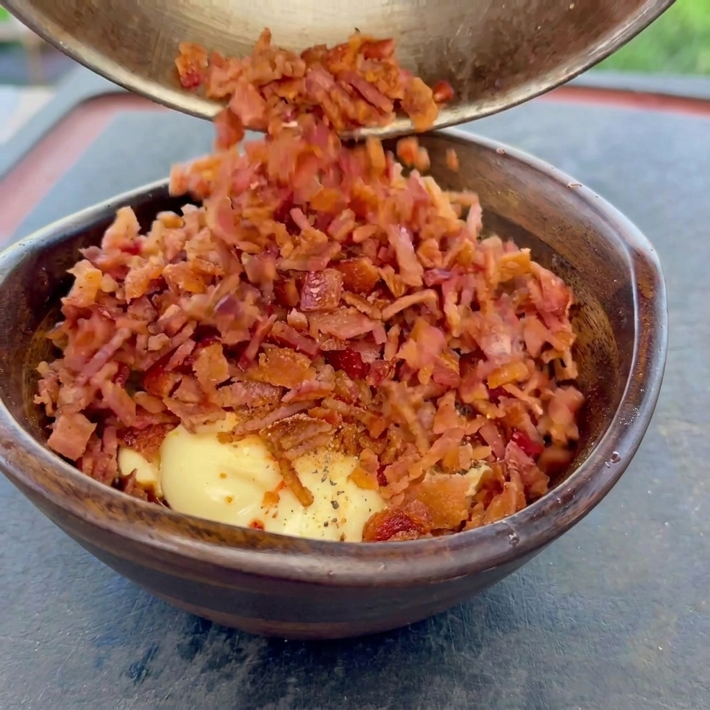 Éclats de bacon croustillant versés dans le bol en bois contenant la base crémeuse assaisonnée.
