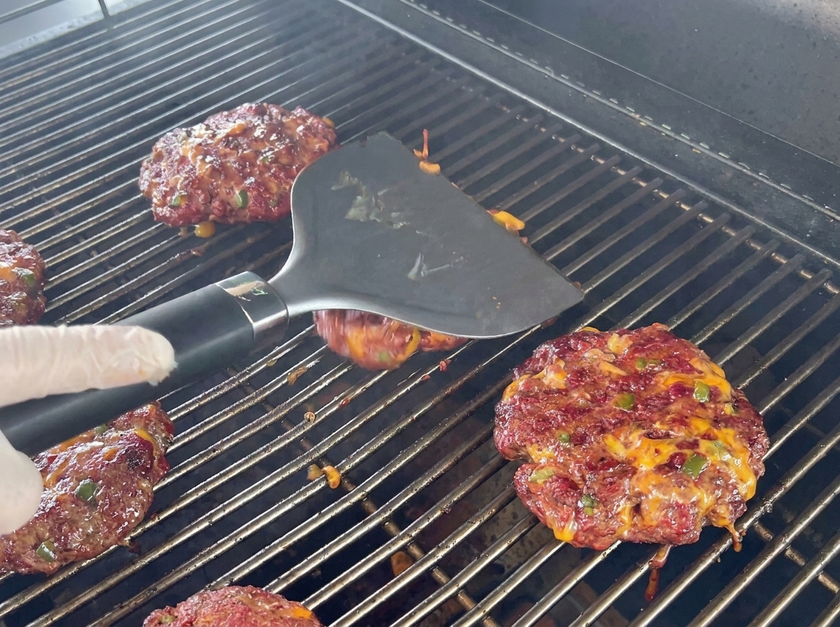 Épais steaks de bœuf garnis de fromage et de poivrons cuisant sur la grille du barbecue, retournés à laide dune large spatule.