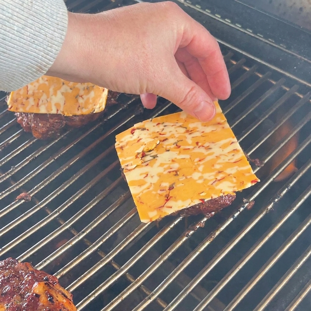 Une main déposant délicatement une tranche carrée de cheddar marbré sur un steak de bœuf doré sur la grille.