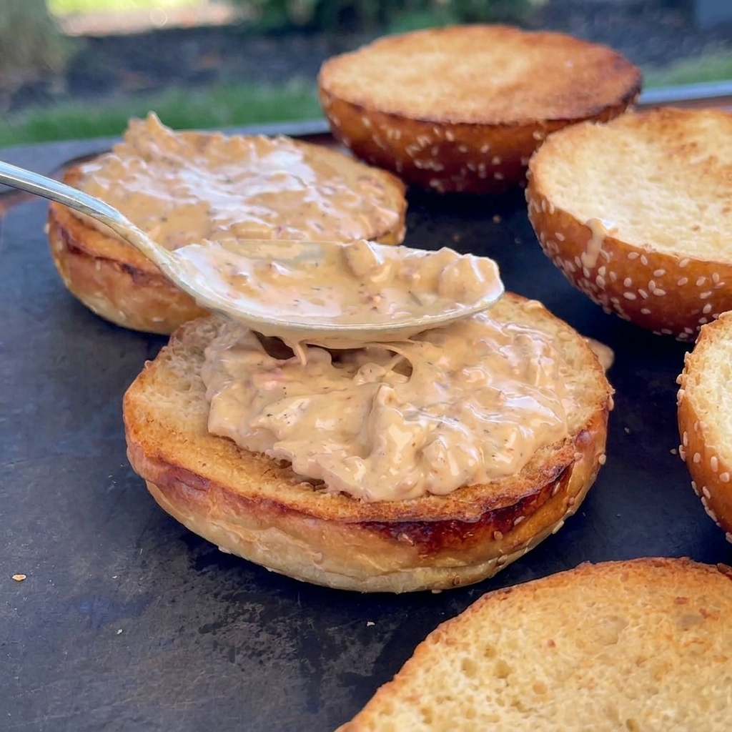 Une cuillère en métal étalant une couche généreuse et épaisse de sauce au bacon sur des pains burger au sésame toastés.