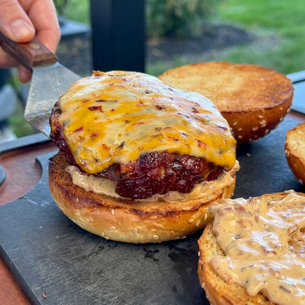 Une spatule métallique déposant un steak de bœuf grillé bien épais avec son fromage fondu sur un pain toasté nappé de sauce.